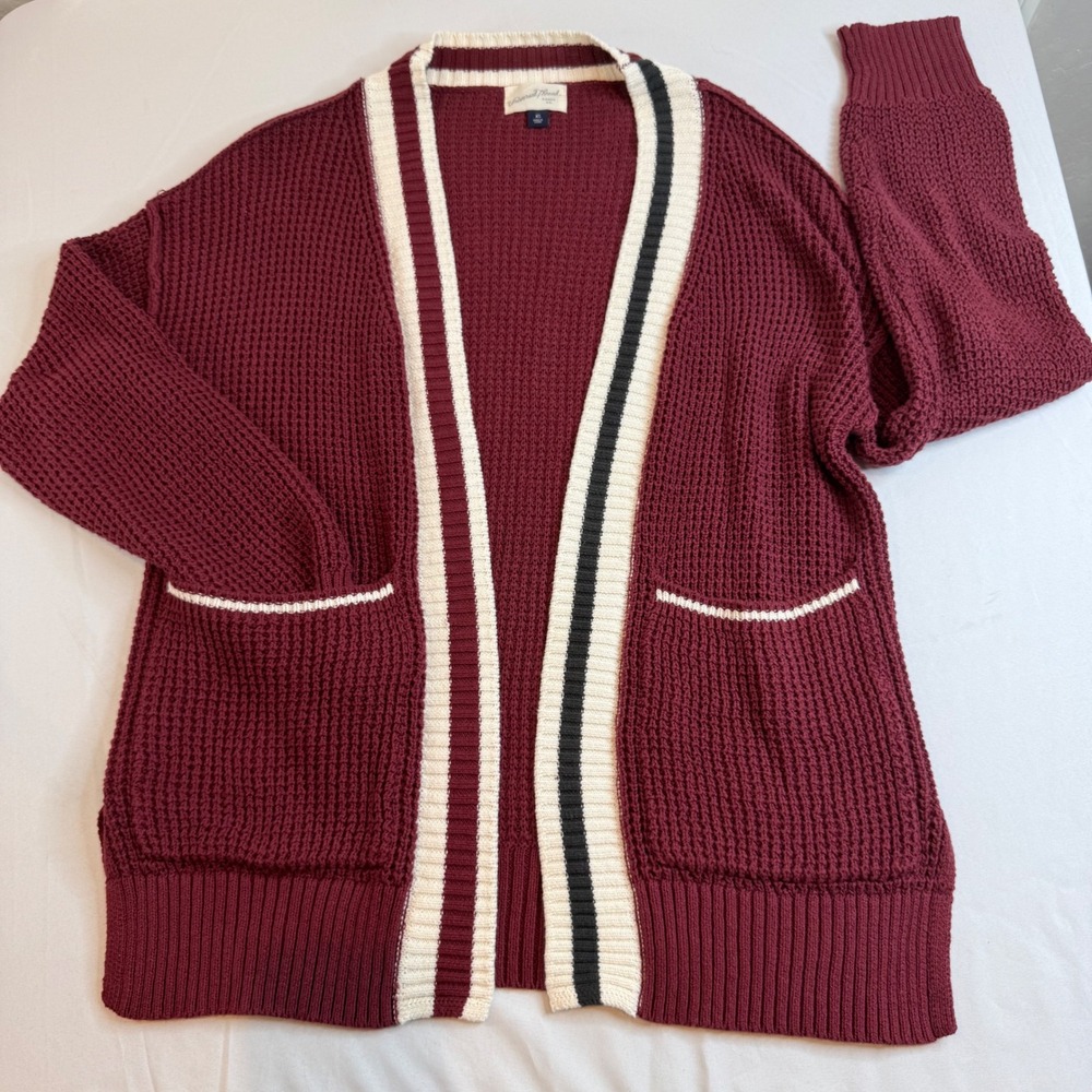 Universal Thread Burgundy Waffle Knit Varsity Striped Cardigan Sweater XS